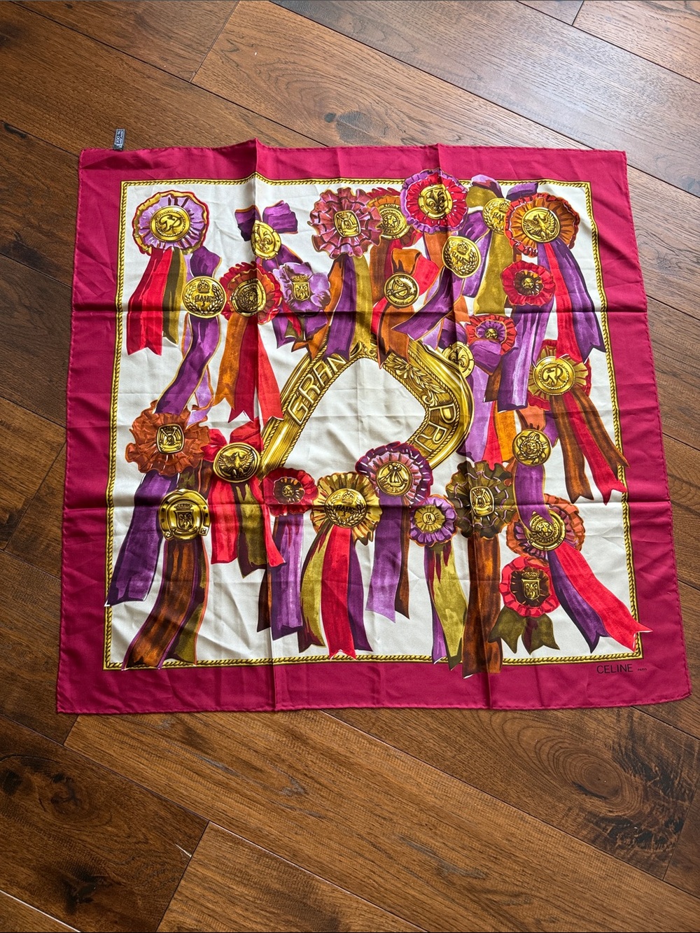 Celine Medallions Burgundy Silk Scarf 34x34” - Picture 1 of 7